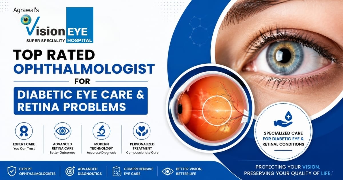 Close-up of an eye with retinal scan illustration highlighting diabetic eye care and retina treatment