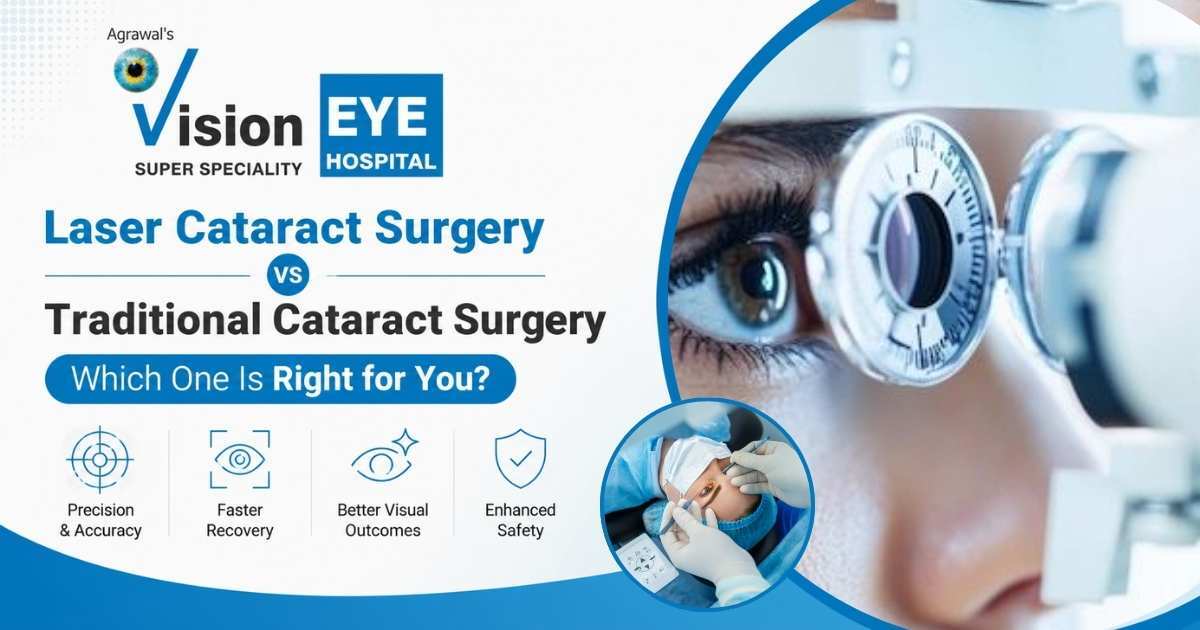 Eye specialist comparing laser and traditional cataract surgery